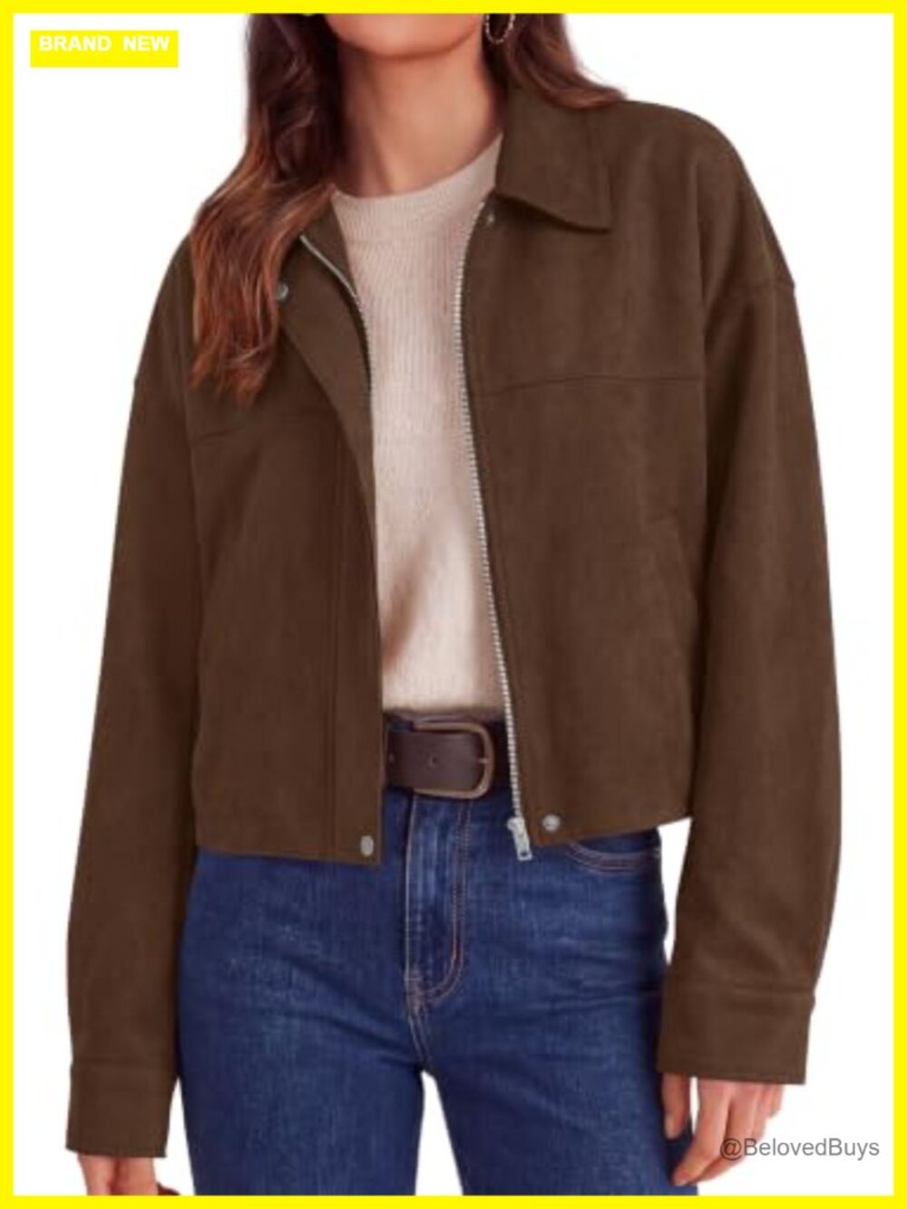 Faux Suede Cropped Fall Jacket Long Sleeve Zip Up Lapel Collar